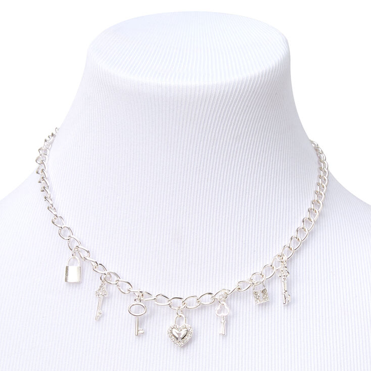 Silver Embellished Lock &amp; Key Charms 14&quot; Necklace,