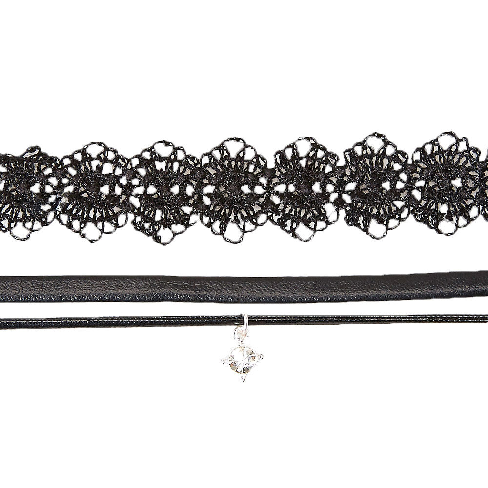Silver Lace & Double Cord Choker Necklaces - Black, 2 Pack,