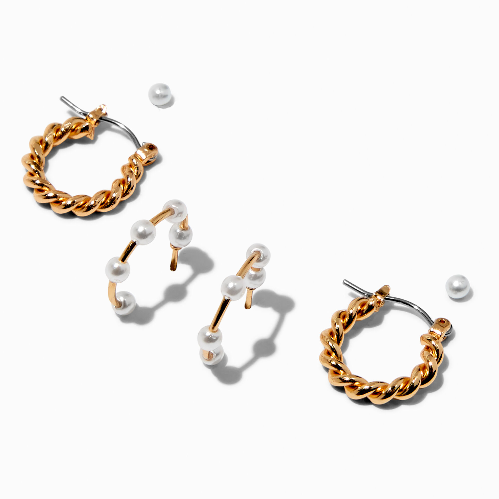 View Claires Tone Twisted Pearl Earring Stackables Set 3 Pack Gold information