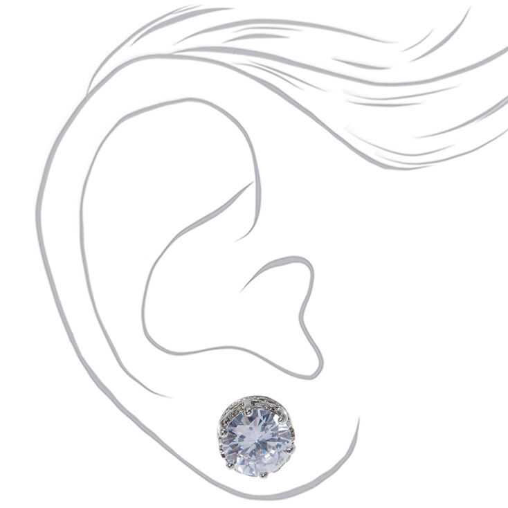 Silver Cubic Zirconia Round Crown Stud Earrings - 10MM,