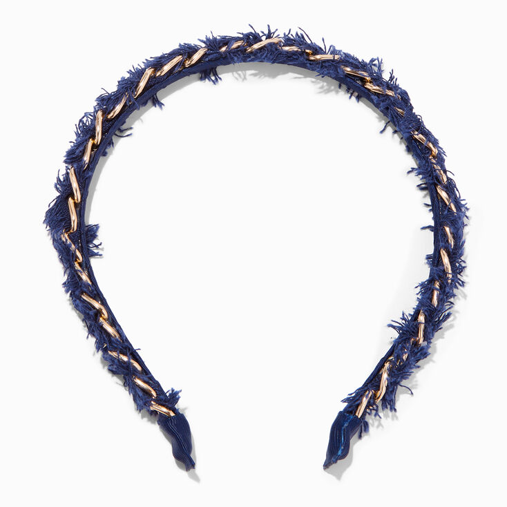 Bandeau m&eacute;tallique tress&eacute; en fausse fourrure denim bleu,