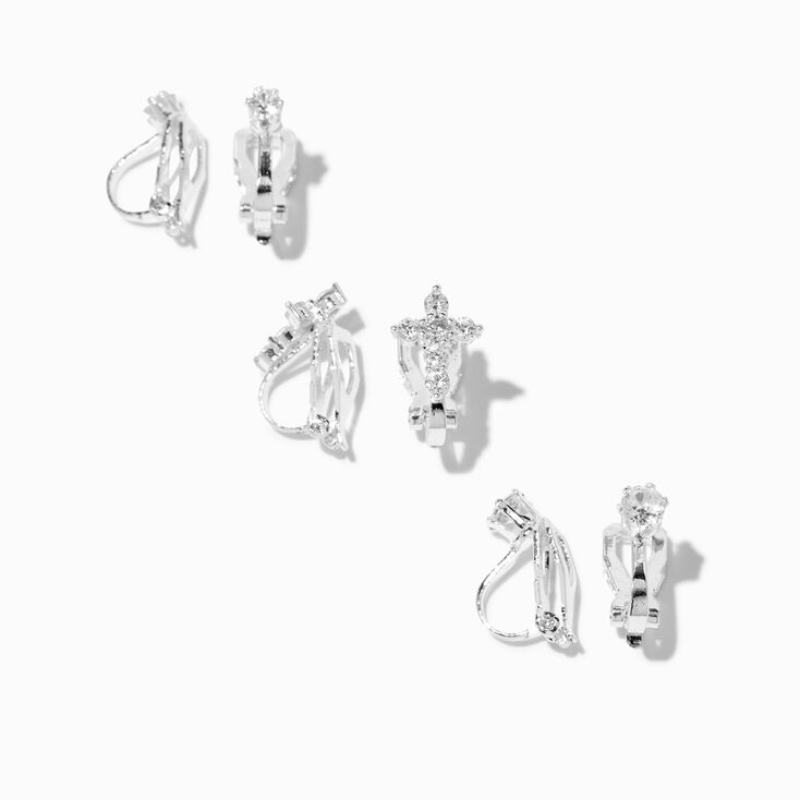 Silver-tone Cubic Zirconia Cross Clip-On Earrings - 3 Pack,