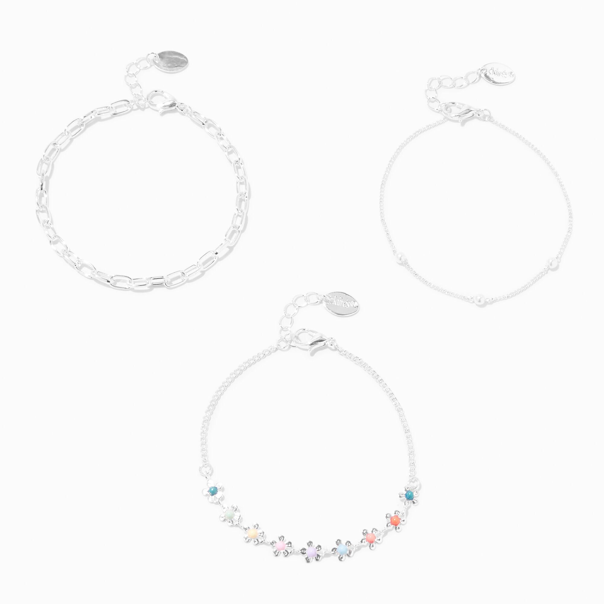View Claires Tone Rainbow Daisy Chain Bracelets 3 Pack Silver information