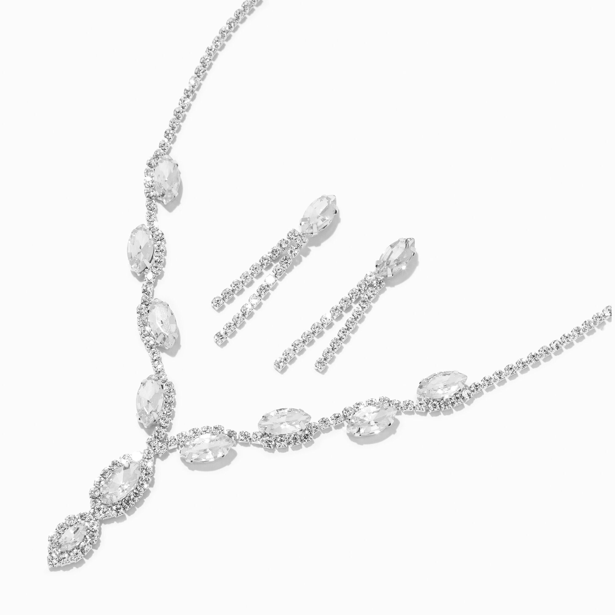View Claires Tone Crystal Leaf YNeck Necklace Drop Earrings Set 2 Pack Silver information