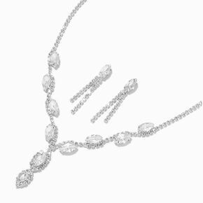 Silver Crystal Leaf Y-Neck Necklace &amp; Drop Earrings Set - 2 Pack,