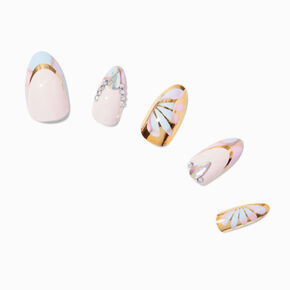 Multi Daisy Gold Chrome Bling Stiletto French Tip Vegan Faux Nail Set - 24 Pack,