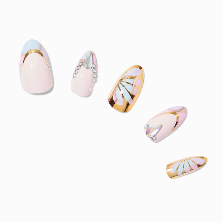 Multi Daisy Gold Chrome Bling Stiletto French Tip Vegan Faux Nail Set - 24 Pack,