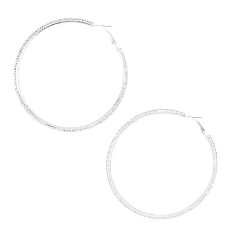 Silver Glass Rhinestone 70MM Hoop Earrings,