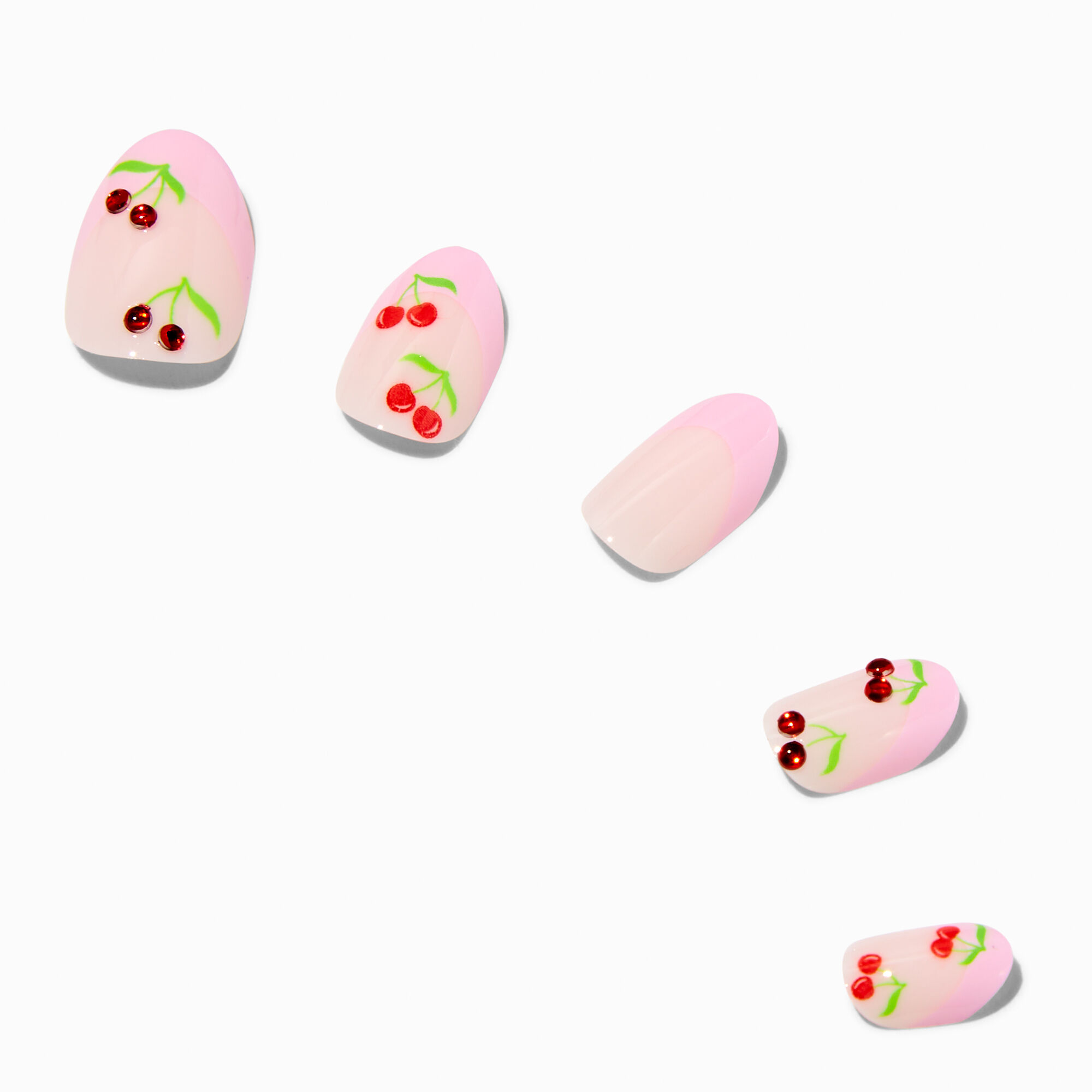 Pink French Tip Cherry Bling Stiletto Press On Faux Nail Set - 24 Pack