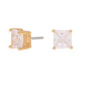 Gold Cubic Zirconia Square Stud Earrings - 6MM,