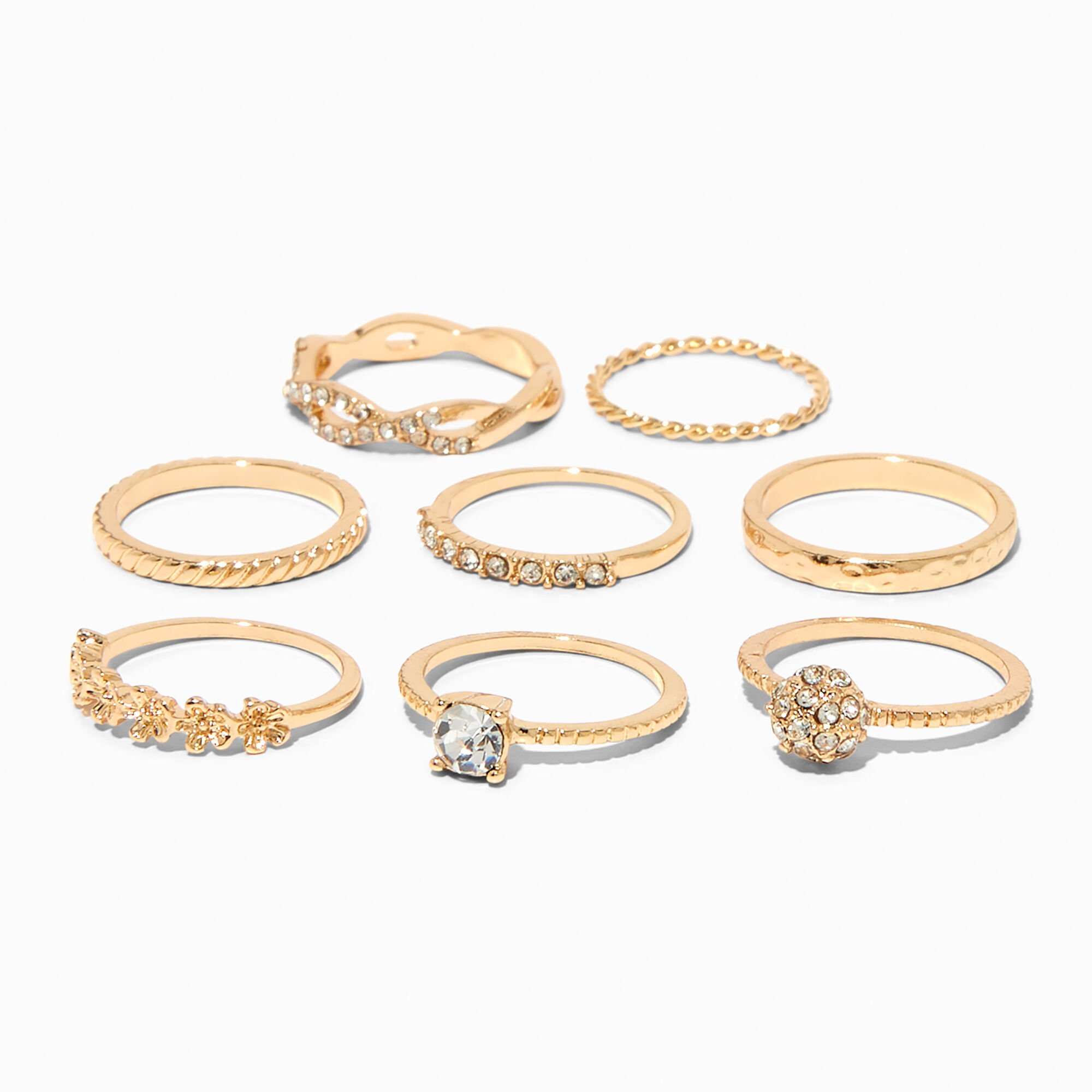 View Claires Embellished Assorted Rings 8 Pack Gold information