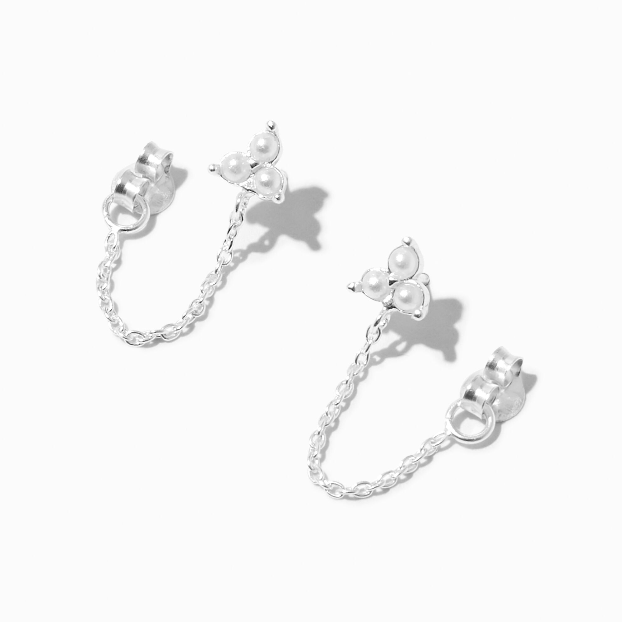 View Claires Triple Pearl Front Back Chain Stud Earrings Silver information