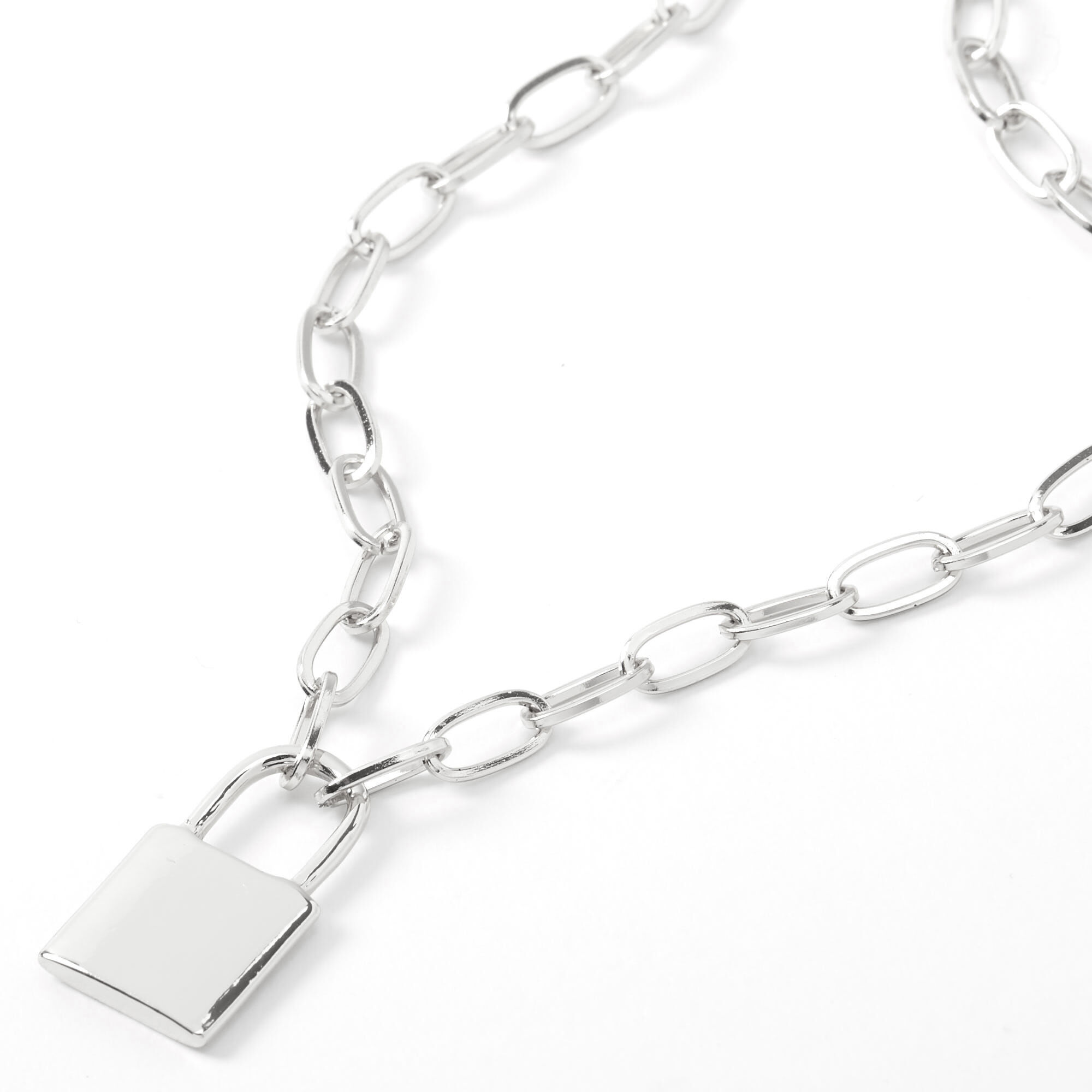 View Claires Tone Lock Pendant Chain Necklace Silver information