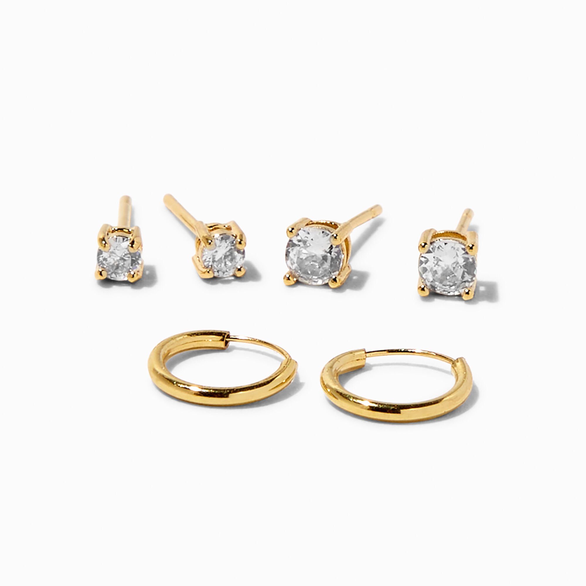View Claires 18K Gold Plated Cubic Zirconia Stud Hoop Earring Set 3 Pack Yellow information
