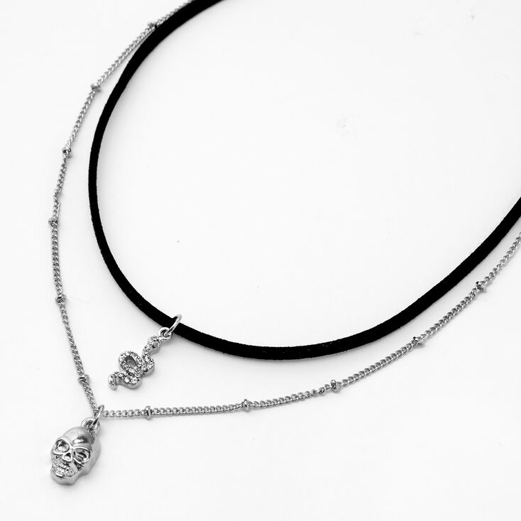Claire's Collier multi-rangs ras-de-cou cordon avec crâne serpent couleur argentée - Noir