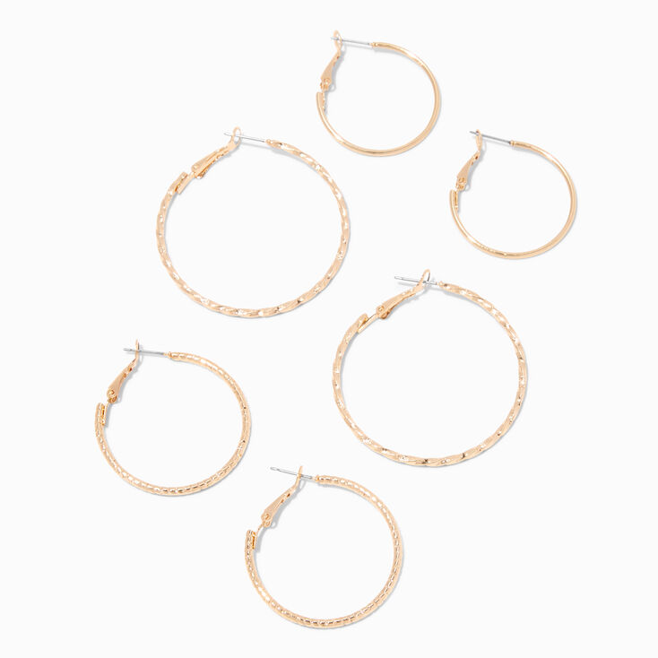 Gold Graduated Textured Hinge Hoop Earrings - 3 Pack,