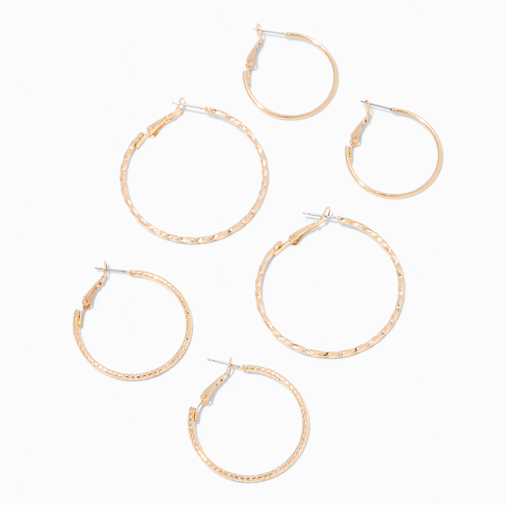View Claires Tone Graduated Textured Hinge Hoop Earrings 3 Pack Gold information