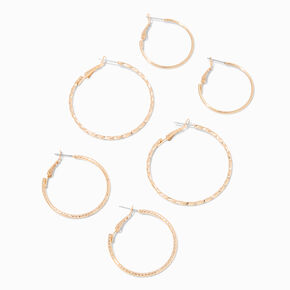 Gold-tone Graduated Textured Hinge Hoop Earrings - 3 Pack,