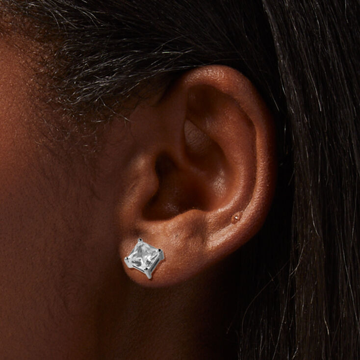 Silver-tone Stainless Steel Cubic Zirconia 6mm Square &amp; Round Stud Earrings - 2 Pack,