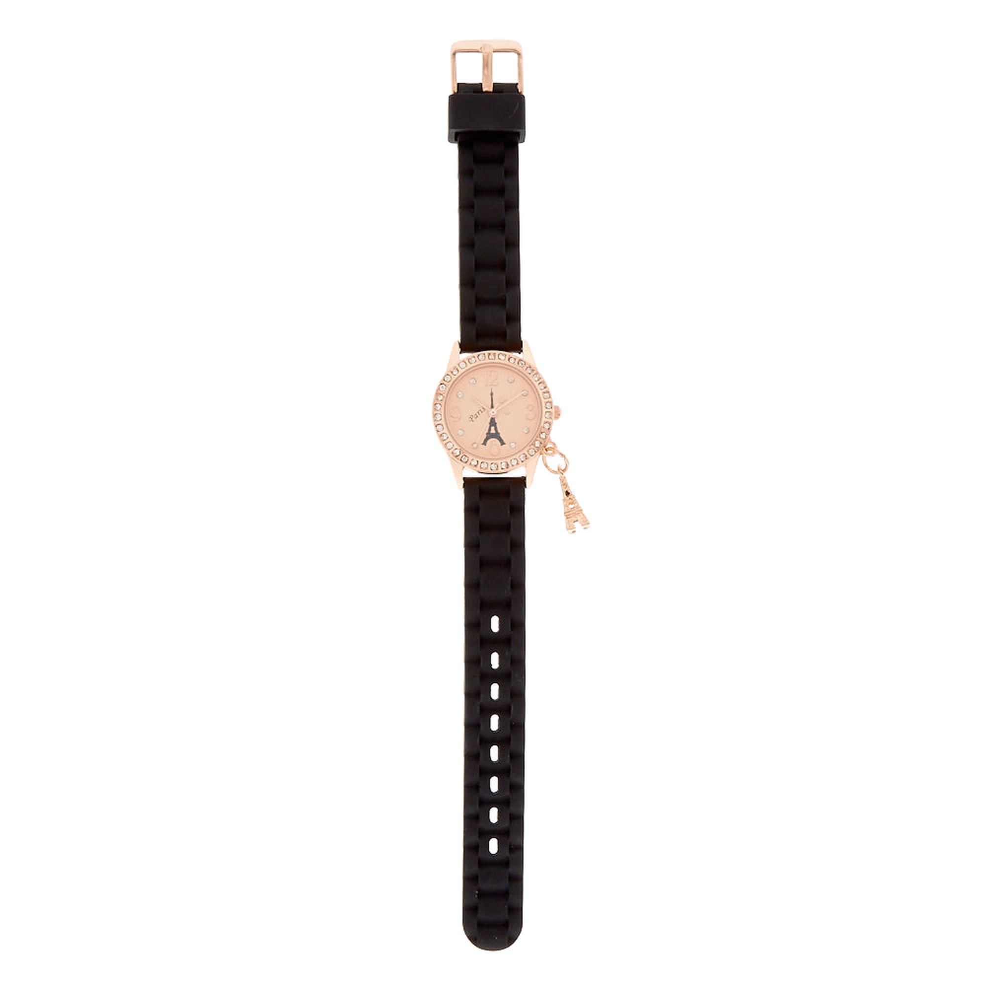 Montre couleur doré rose à bracelet noir en silicone thème Paris,