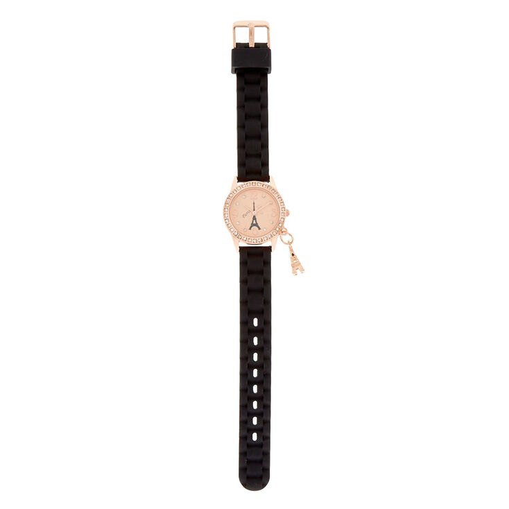 Montre couleur dor&eacute; rose &agrave; bracelet noir en silicone th&egrave;me Paris,