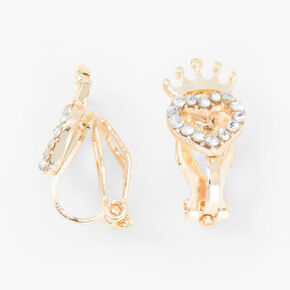 Gold Crystal Heart Crown Clip On Stud Earrings,