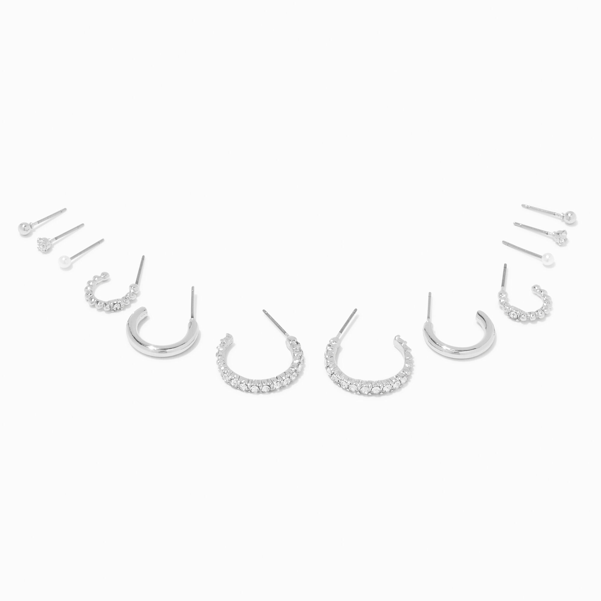 View Claires Tone 15MM Crystal Hoop Earrings Stackables Set 6 Pack Silver information