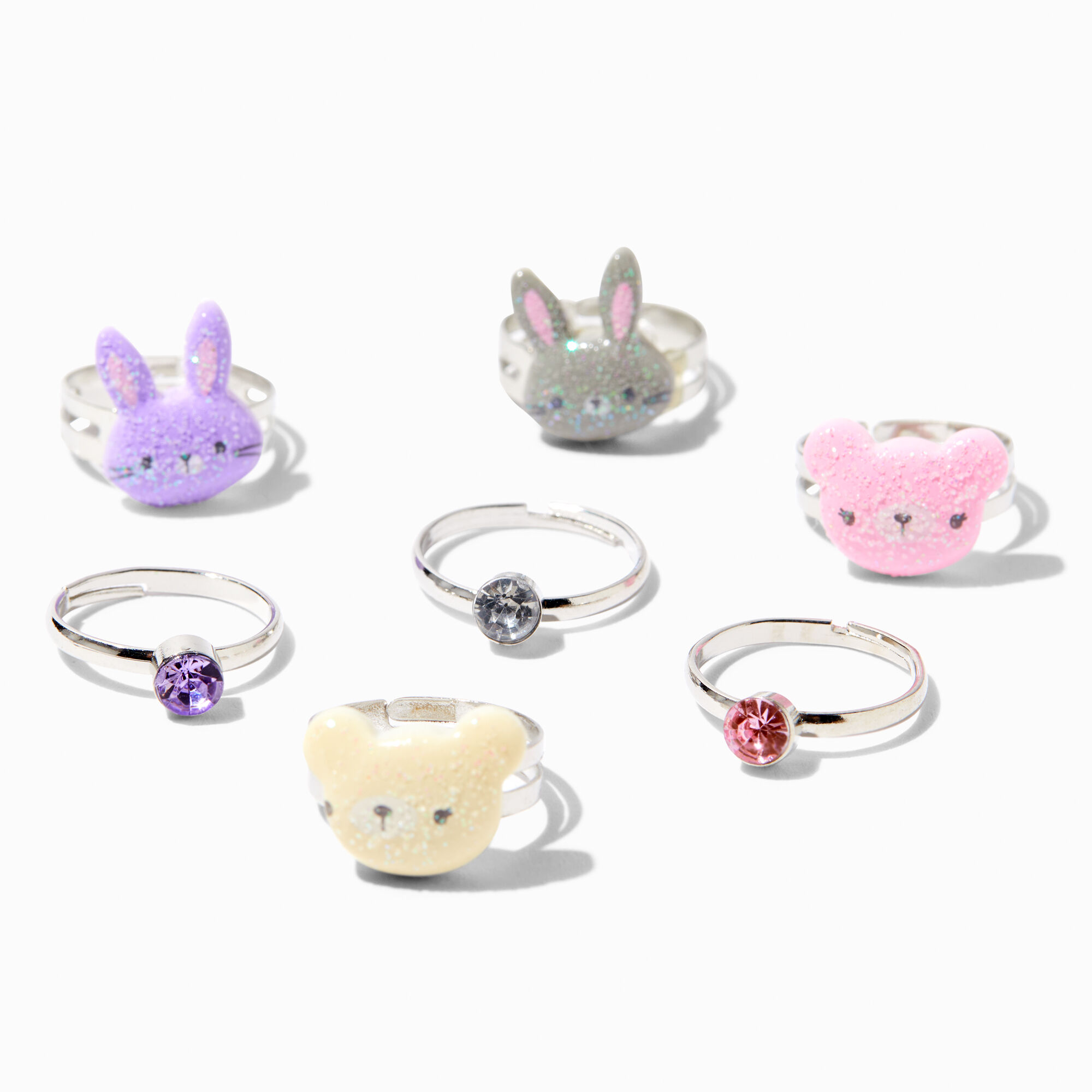 Claire's Club Silver Glitter Bunny Rings (7 Pack),