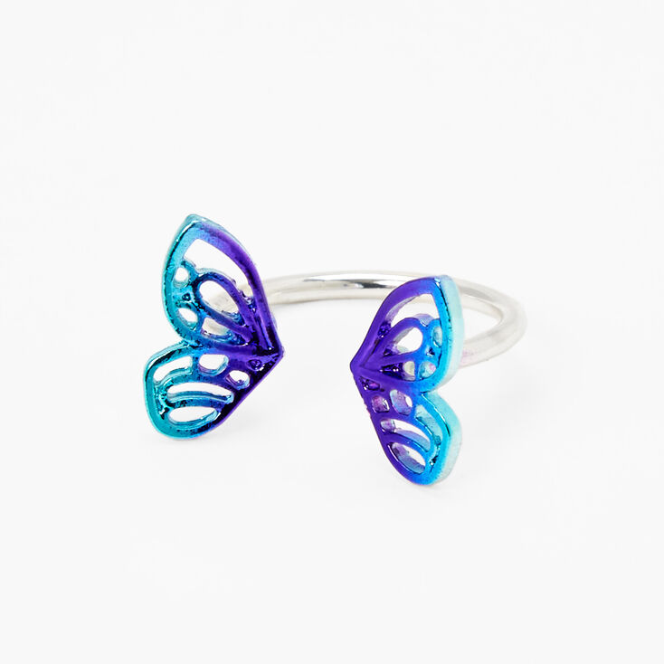 Silver Double Butterfly Open Ring - Purple,
