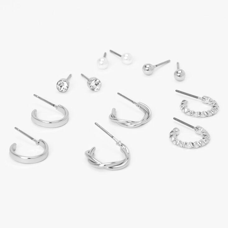 Silver-tone Textured Earrings Set - 6 Pack,