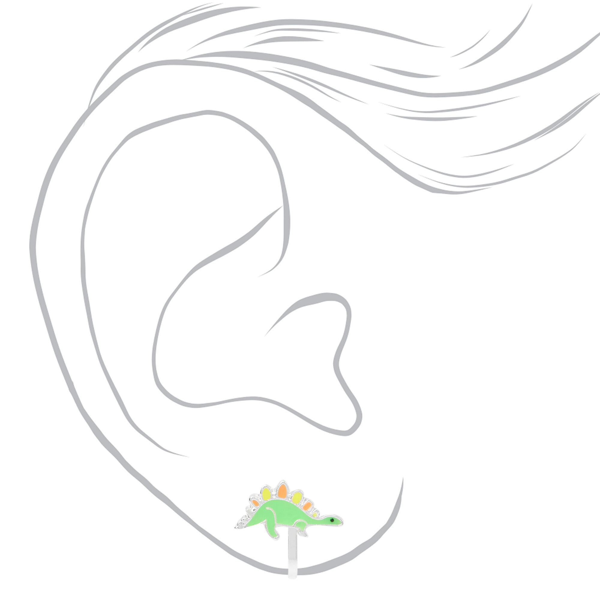 Silver Dinosaur Clip On Stud Earrings - Green,