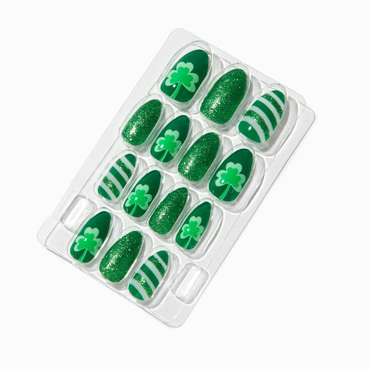 St. Patrick&#39;s Day Shamrocks Stiletto Press On Faux Nail Set - 24 Pack,