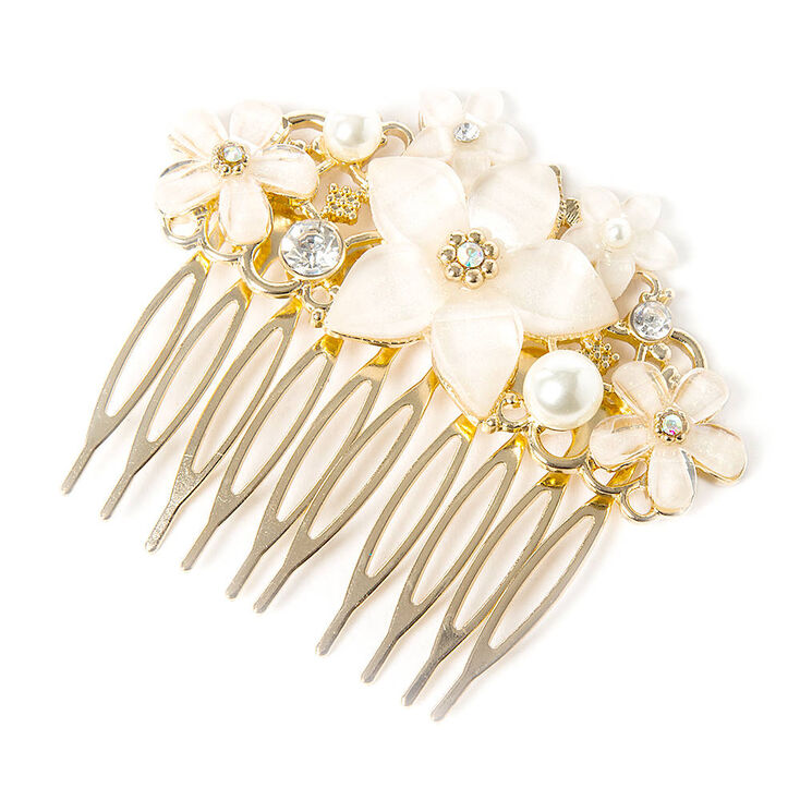 Ivory Glitter Stone Flower and Pearl Cluster Hair Comb | Claire's US