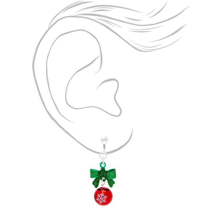 Silver 1&quot; Holiday Bell Bow Clip On Drop Earrings,