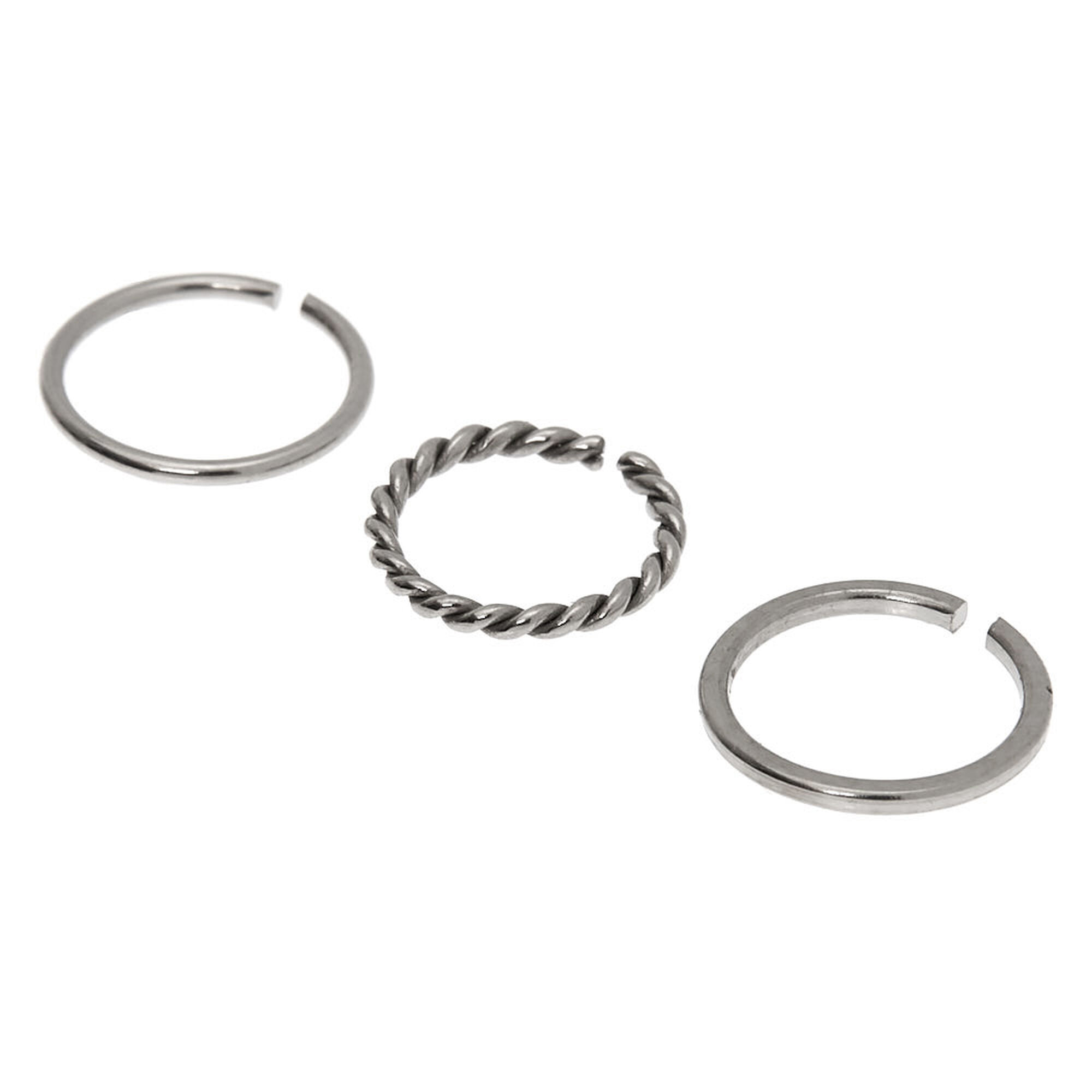 Claire's Anneaux de nez torsadés lisses de différentes tailles 1,0 mm couleur argentée - Lot de 3