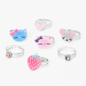 Claire&#39;s Club Silver Strawberry Box Rings - Pink, 7 Pack,
