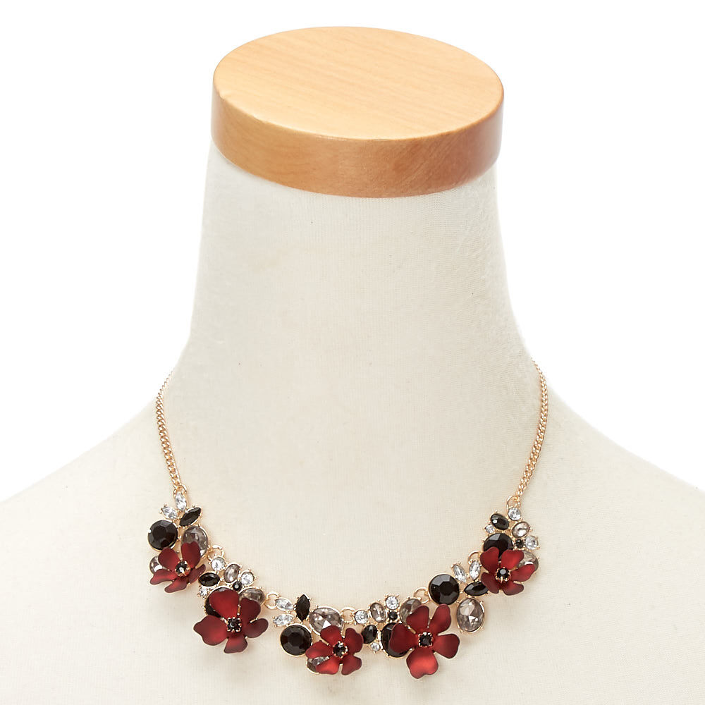 Victorian Floral Statement Necklace - Red,