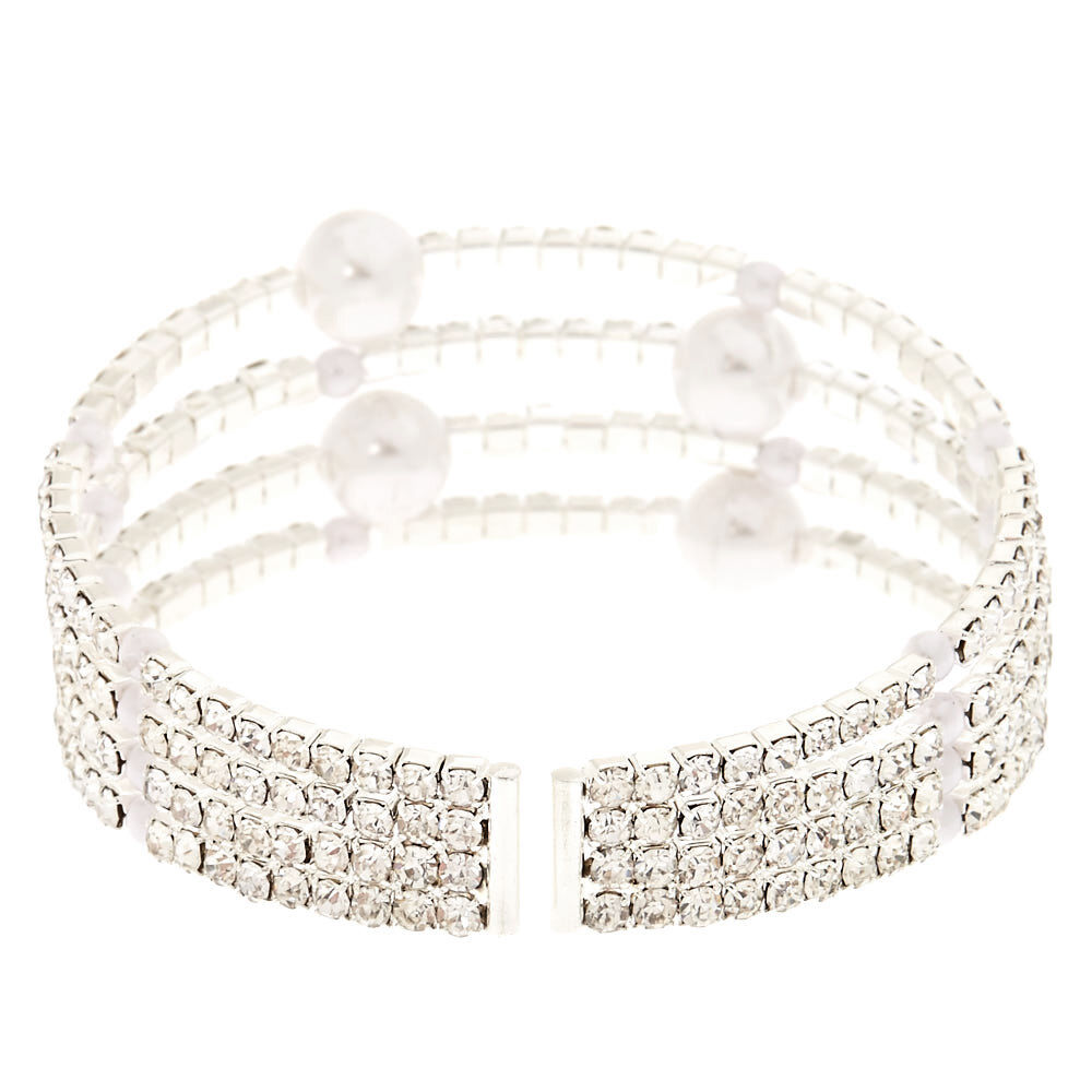 Silver-Tone Faux Pearl And Crystal Bracelet Cuff,