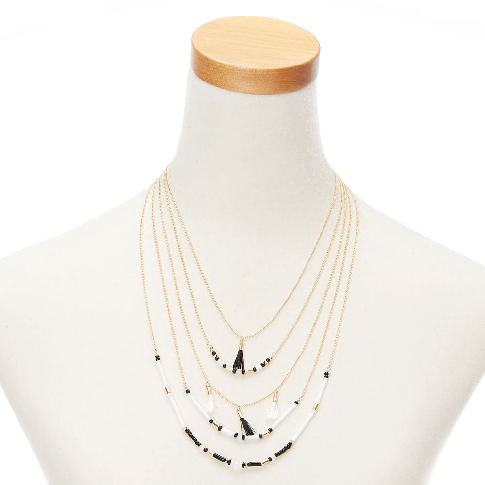 Gold Black & White Beaded Multi Strand Necklace,