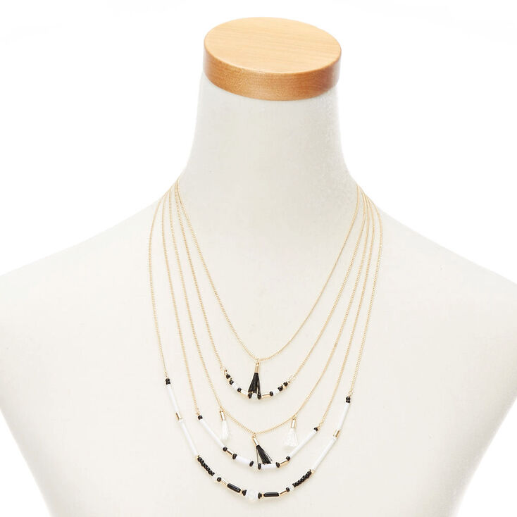 Gold Black &amp; White Beaded Multi Strand Necklace,