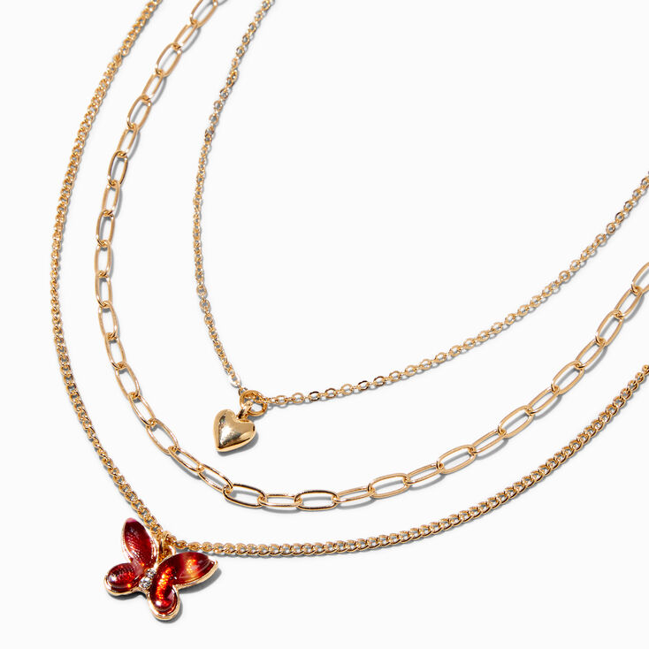 Gold Heart &amp; Pink Butterfly Pendant Multi-Strand Necklace,