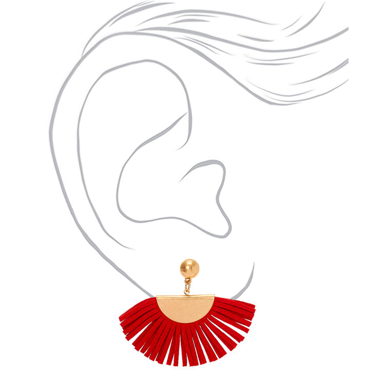 Gold 1.5&quot; Suede Tassel Fan Drop Earrings - Red,