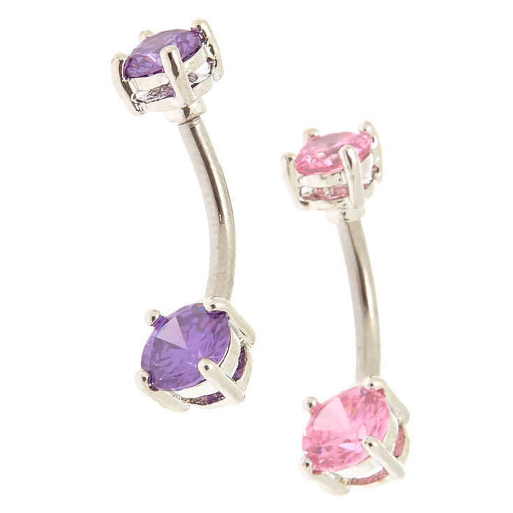 Silver Cubic Zirconia 14G Pretty Pastel Belly Rings - 2 Pack,