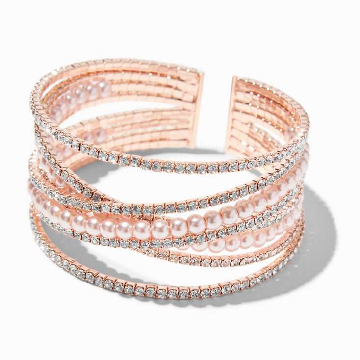 Rose Gold Rhinestone &amp; Pearl Statement Cuff Bracelet,