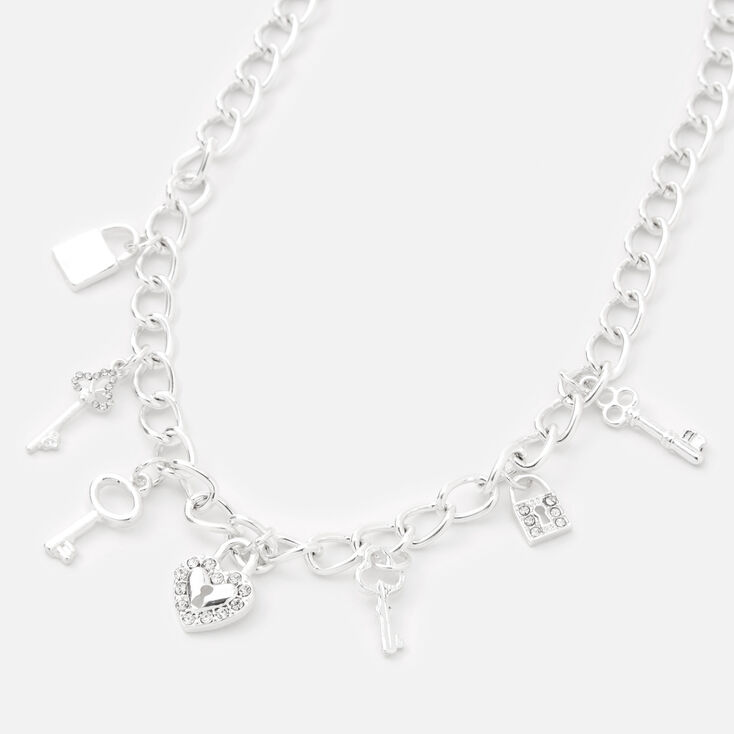 Silver Embellished Lock &amp; Key Charms 14&quot; Necklace,