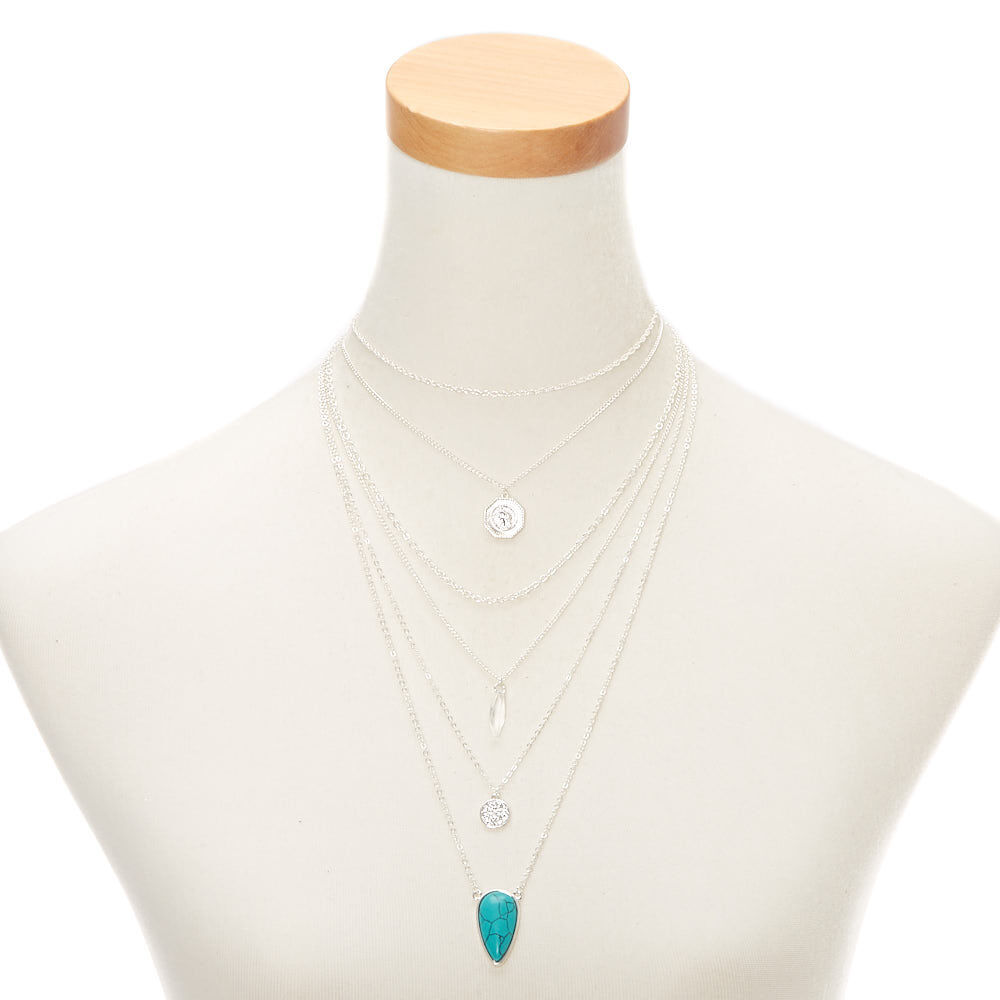 Silver Stone Boho Coin Multi Strand Choker Necklace - Turquoise,