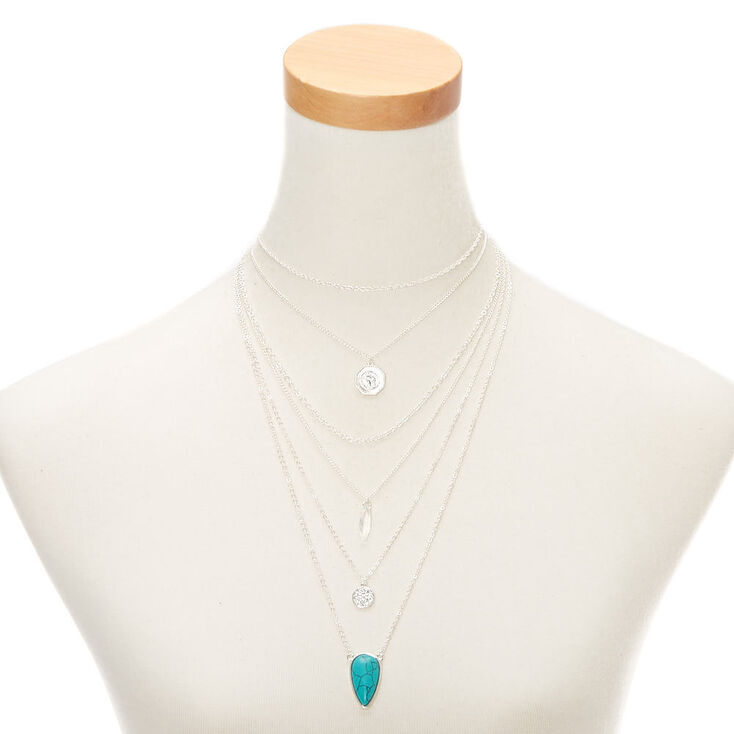 Silver Stone Boho Coin Multi Strand Choker Necklace - Turquoise,