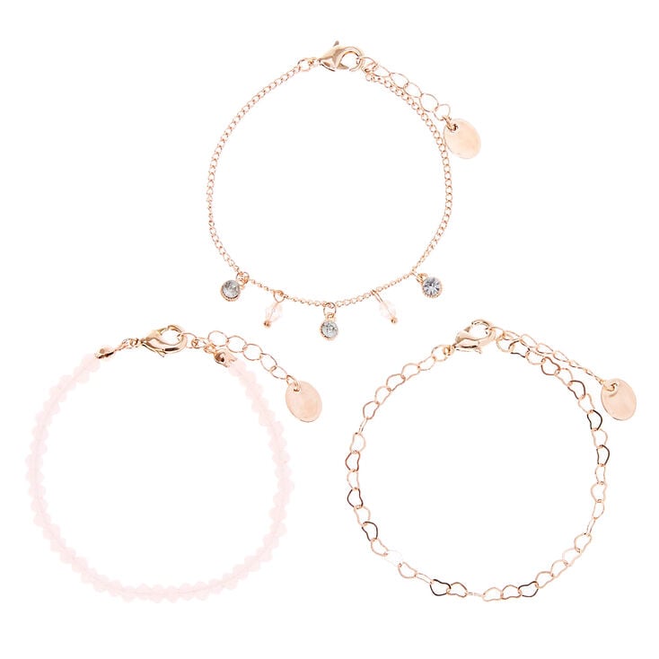 Bracelets cha&icirc;nes c&oelig;urs perl&eacute;s couleur dor&eacute; rose - Rose tendre, lot de 3,