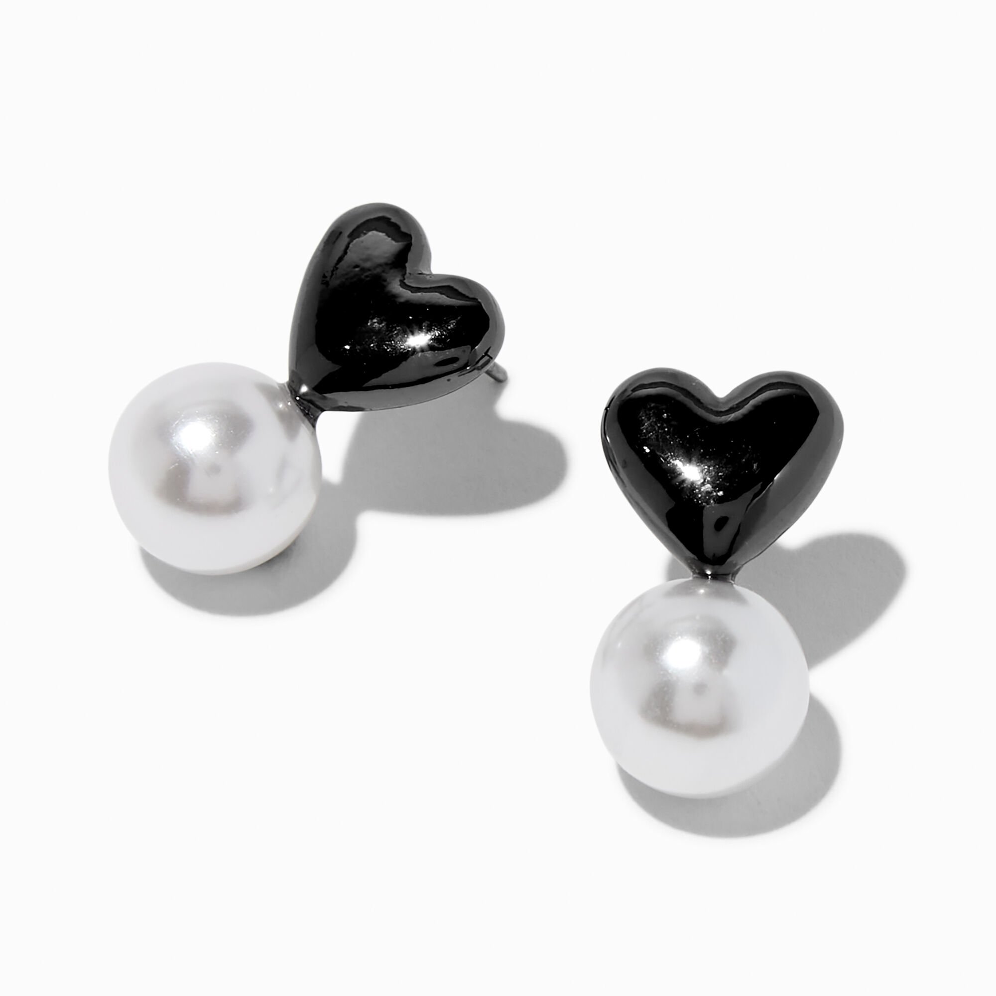 Black Heart & Pearl Stud Earrings,