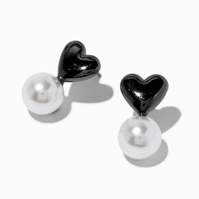 Black Heart &amp; Pearl Stud Earrings,